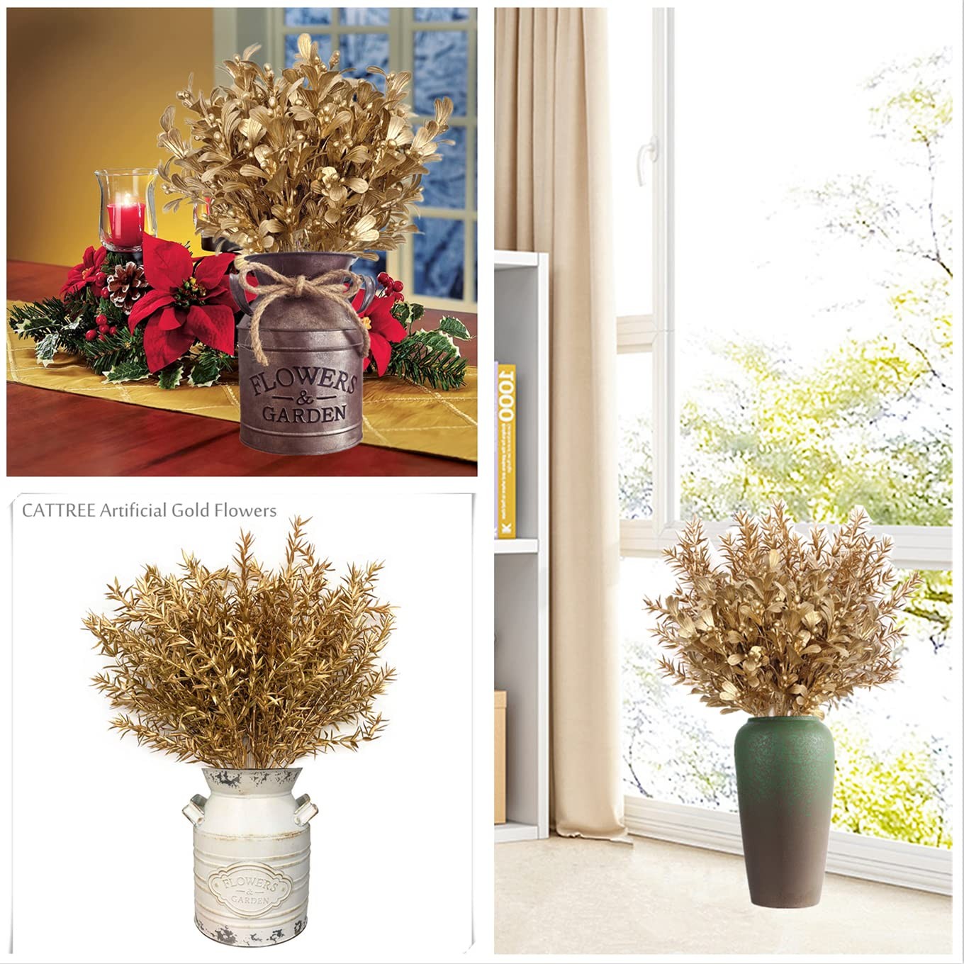 Gold Decorations Artificial Plants, CATTREE Golden Berry Leaves Fake Simulation