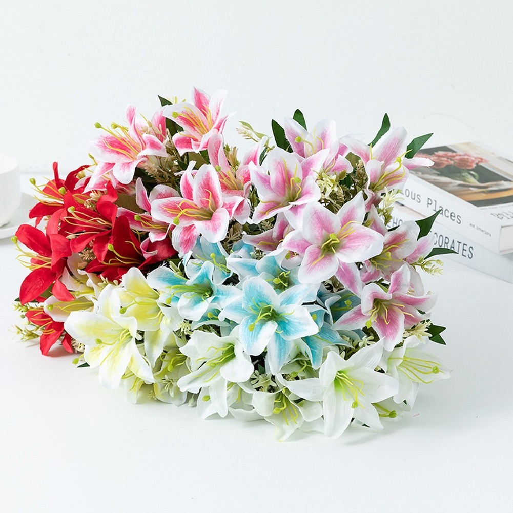 Silk Lily Flower Bouquet 7 Blooms Wedding Home Decor Table Centerpiece Red