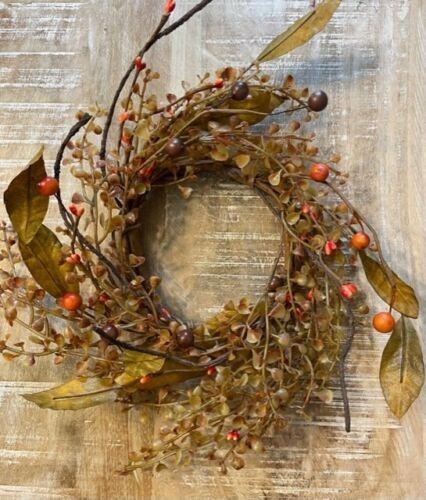 New Primitive Farmhouse FALL BITTERSWEET ORANGE BERRY CANDLE RING Wreath 4″