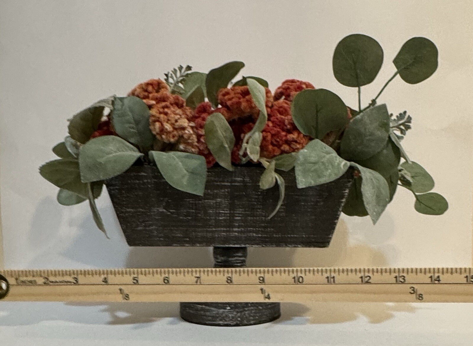 Orange Dried Floral Centerpiece Decor & Faux Green Leaves Metal Base Wooden Box