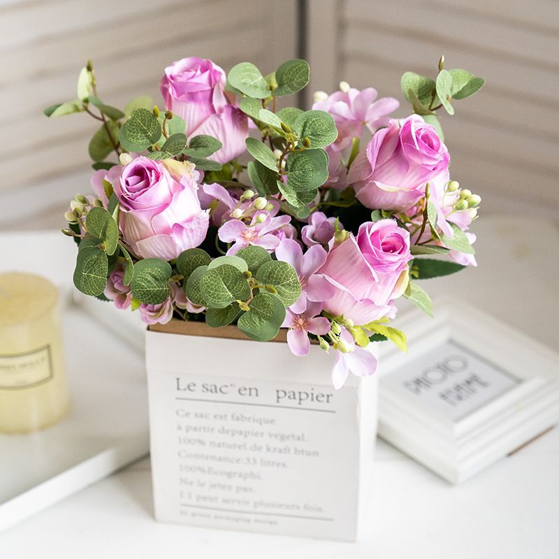 Artificial Rose And Eucalyptus Flower Bouquet High Quality Home / Wedding Decor