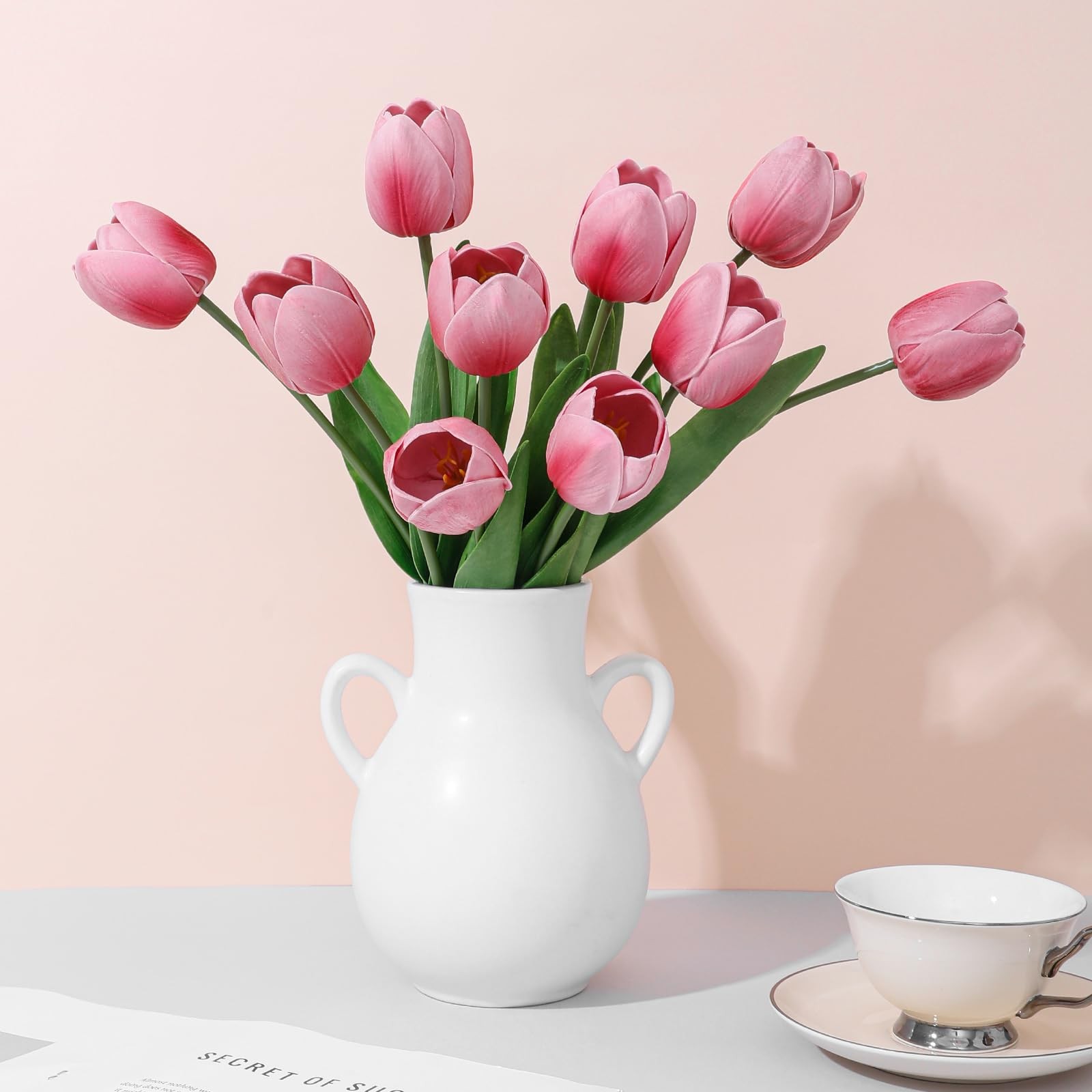 Pink Fake Tulips 18.5″ PU Artificial Flowers 10 PCS for Spring Easter Decor