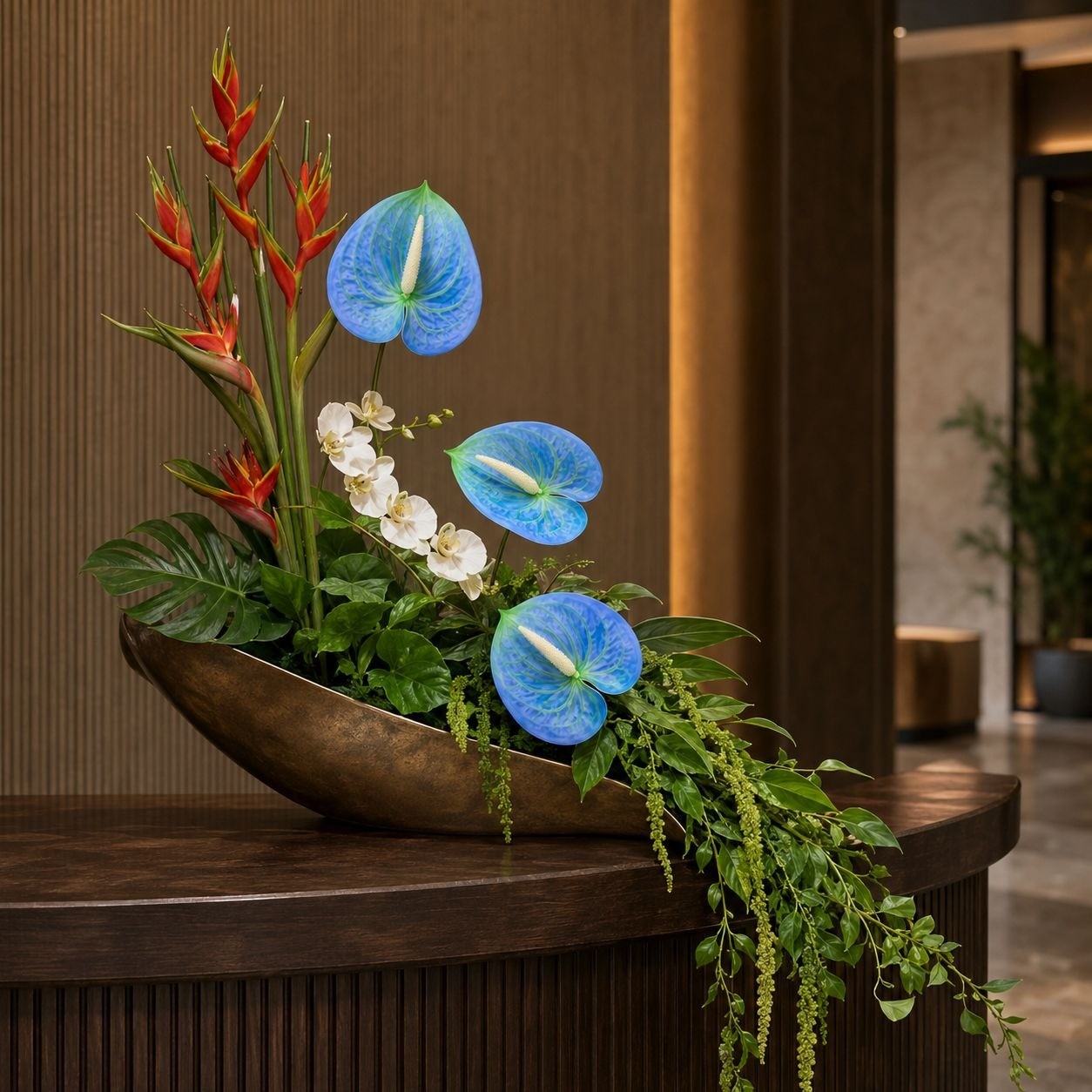 Blue Green Artificial Anthurium Stems Set of 3, 24 Inch Real Touch Tropical Flow