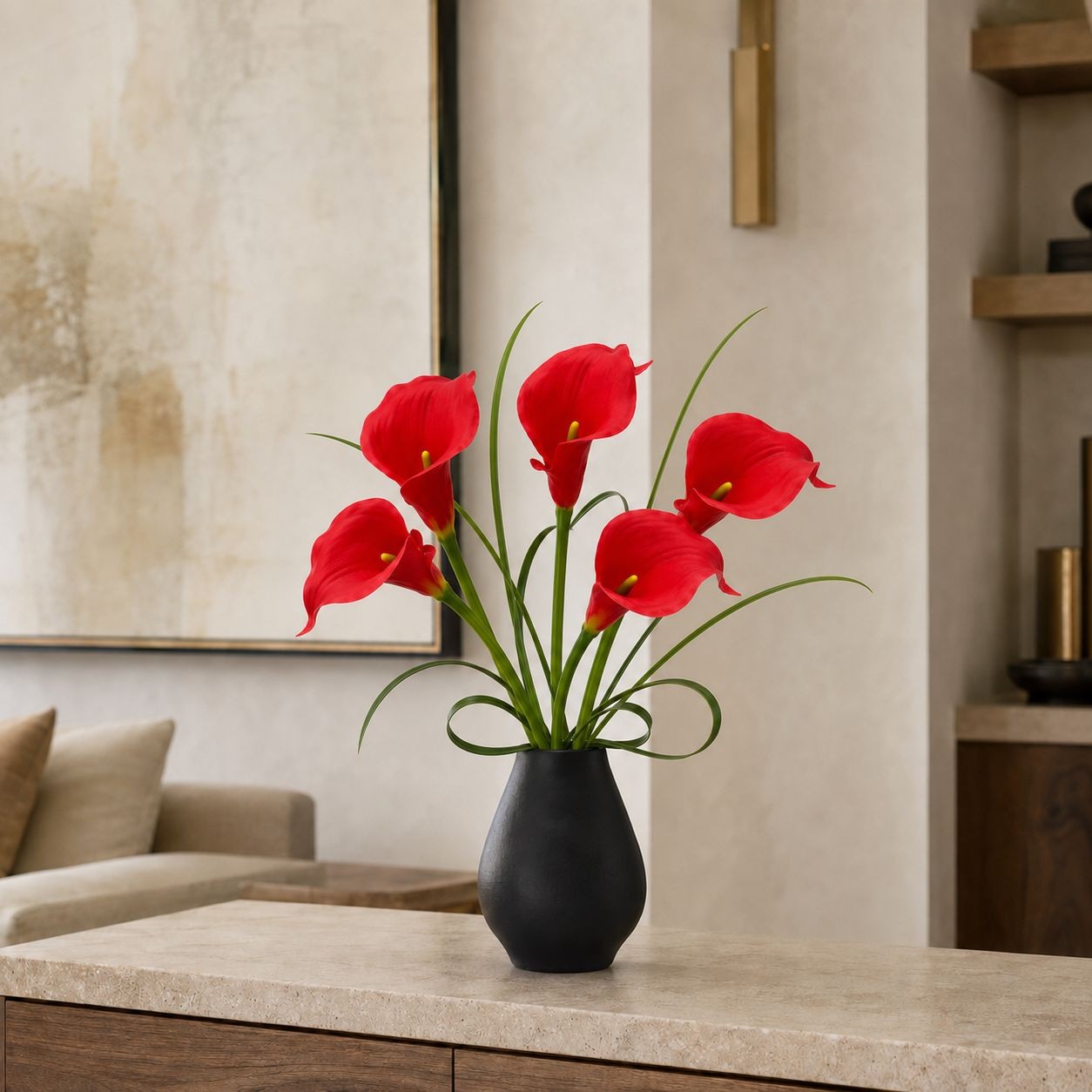 Poppy Red Real Touch Calla Lily Stems Set of 5, 14 Inch Faux Flowers for Modern
