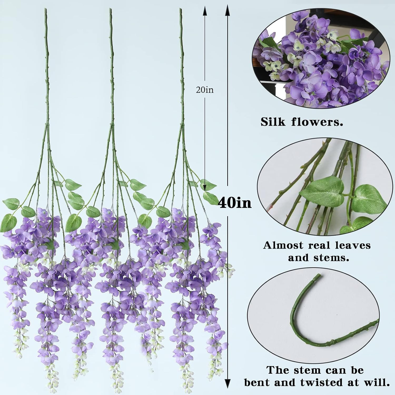 Silk Purple Wisteria Garland – 40” Artificial Flowers for Home & Wedding Decor