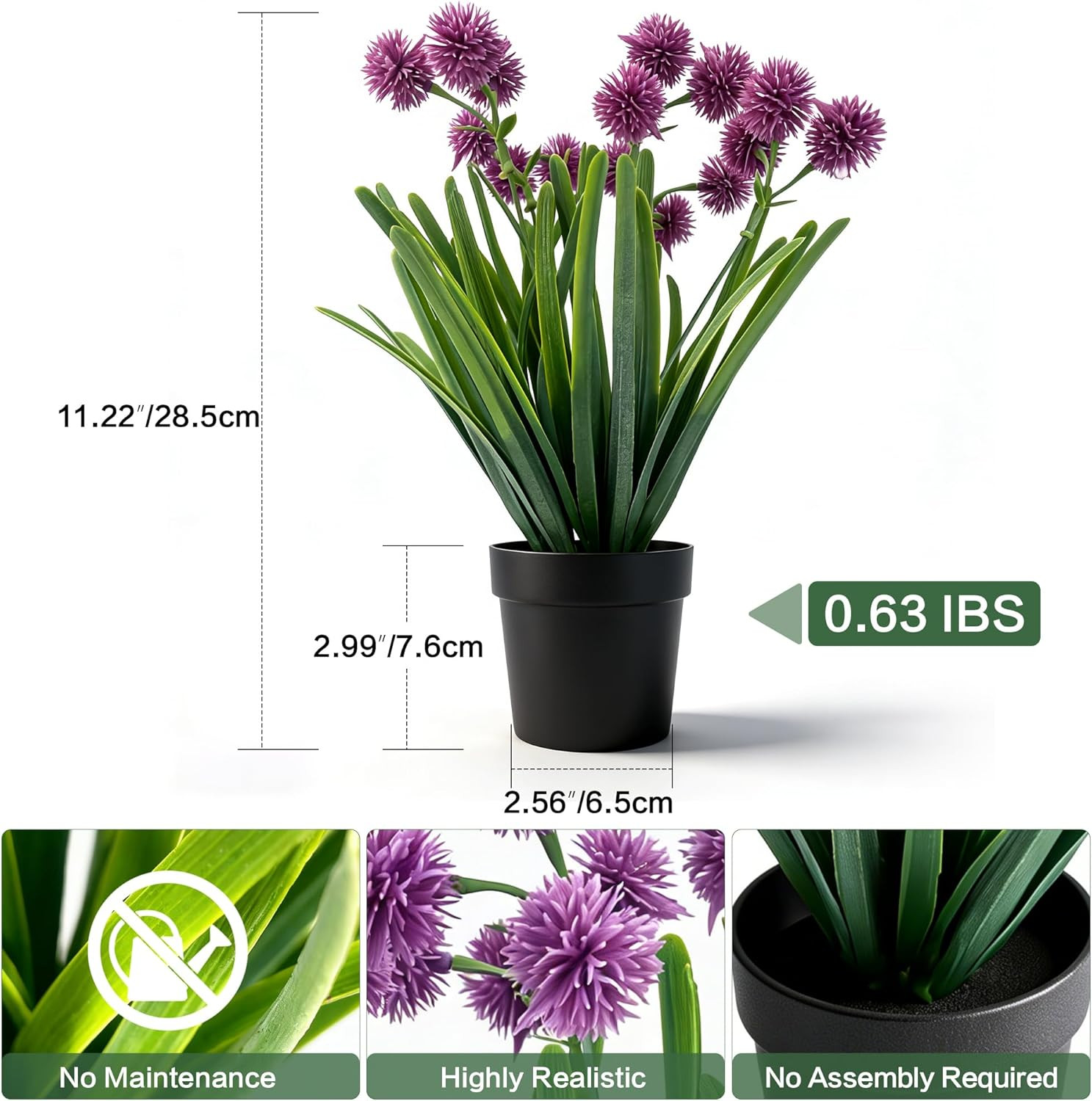 2 Pack Small Artificial Allium Plants Fake Purple Pompom Flowers Potted Faux Oni