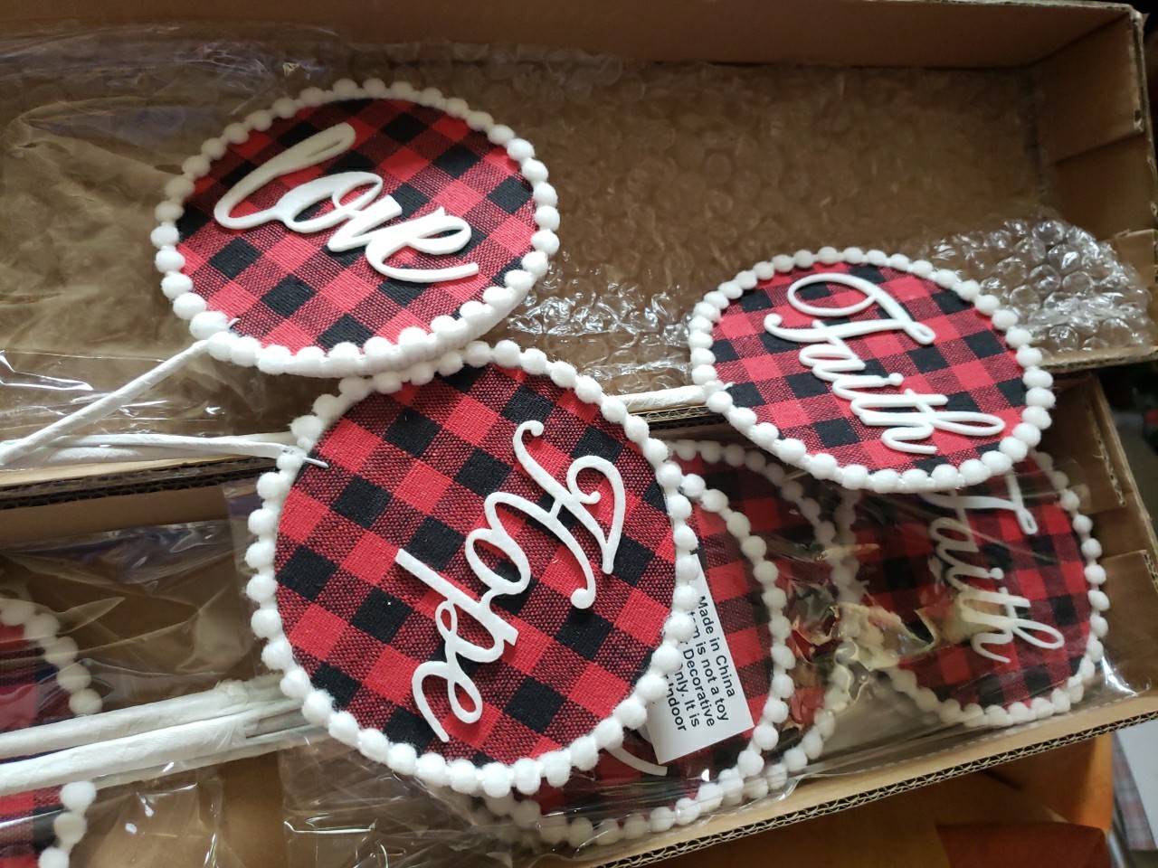 Faith Hope Love Floral Picks Black & Red Plaid, Valerie Parr Hill, Set Of Four