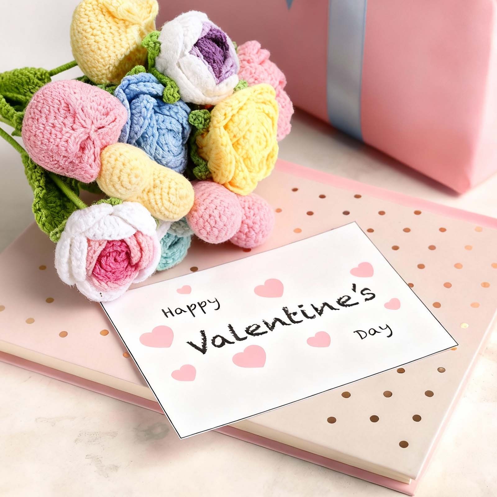 6Pcs Crochet Flower Rose Handmade Knitted Bouquet Yellow Gradient