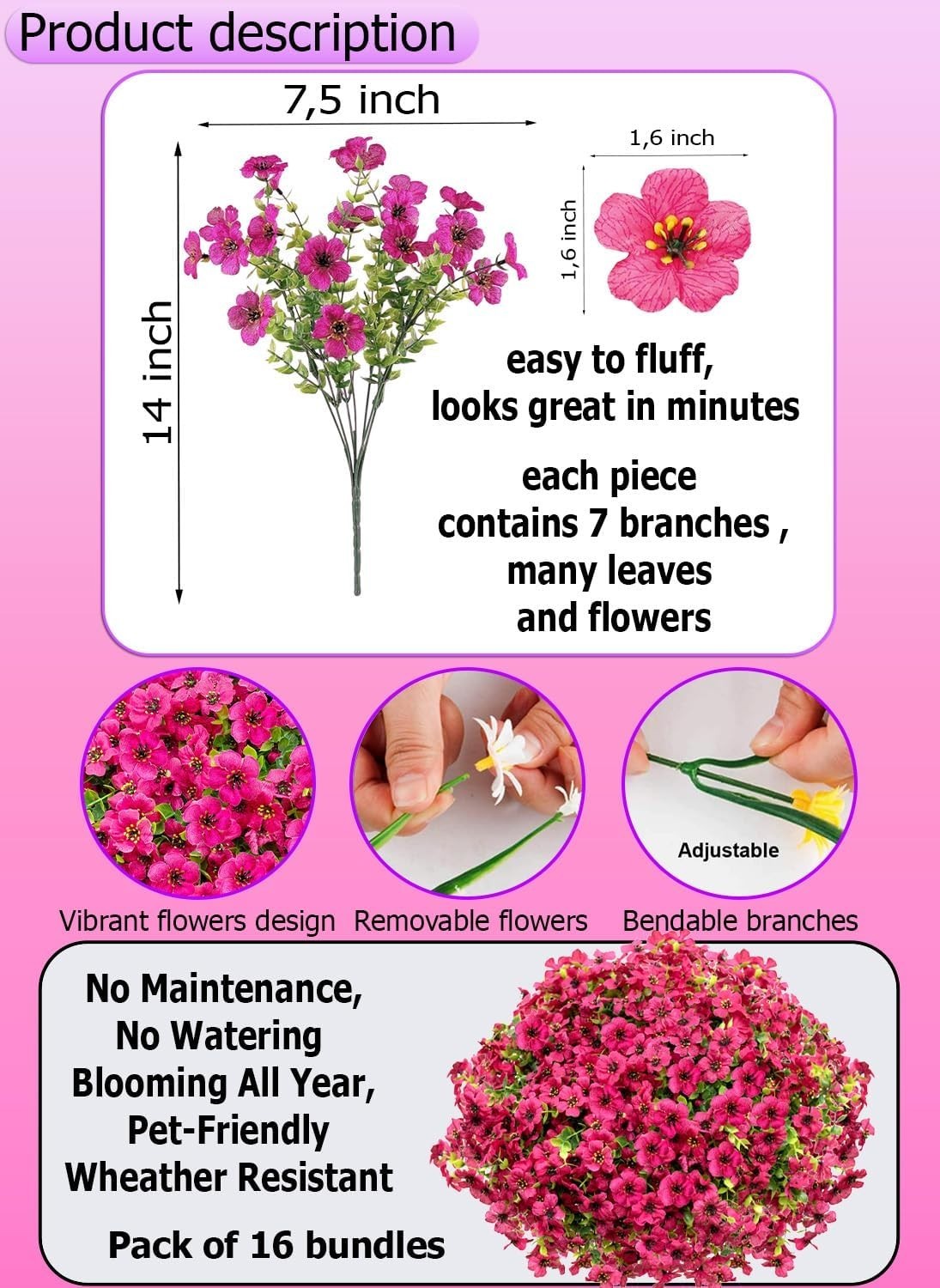 Pollen-Free Red Artificial Flowers: 16 Bundles for -Round Outdoor Beauty