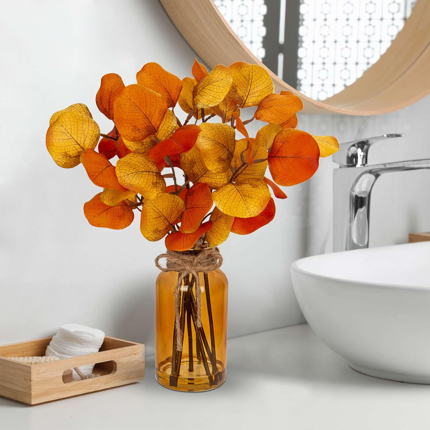 Artificial Eucalyptus Stems in Amber Glass Vase with Faux Water, 14″ Fake Fall P