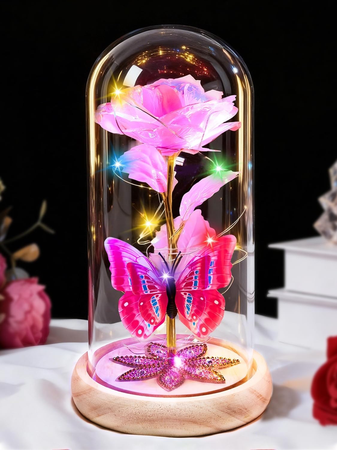 Light Up Glass Dome Rose – Forever Preserved Galaxy Flowers Gift for Her, Mom, W