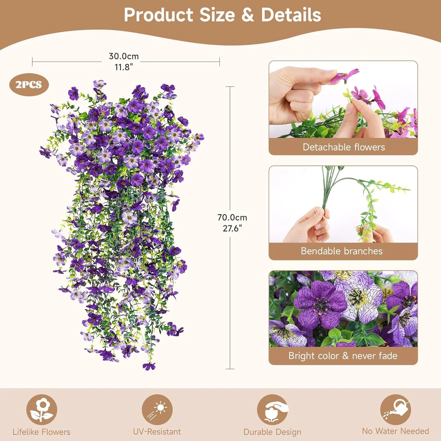 Artificial Hanging Flowers for Outdoors Faux Plants Spring Porch Decor 2 Pcs