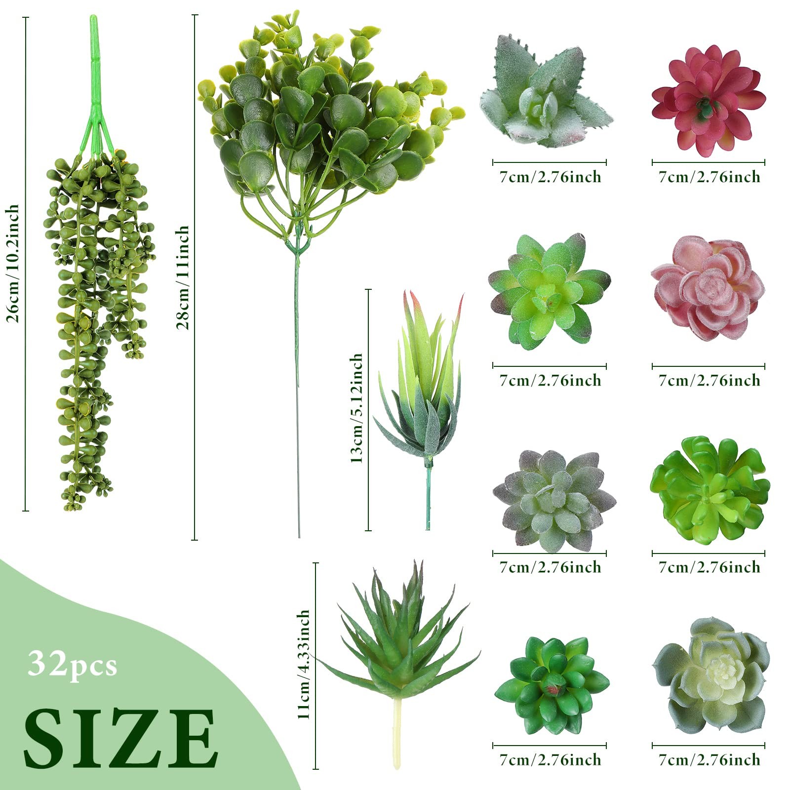 32 PCS Artificial Succulent Plants Mini Fake Faux Realistic Unpotted Flocked