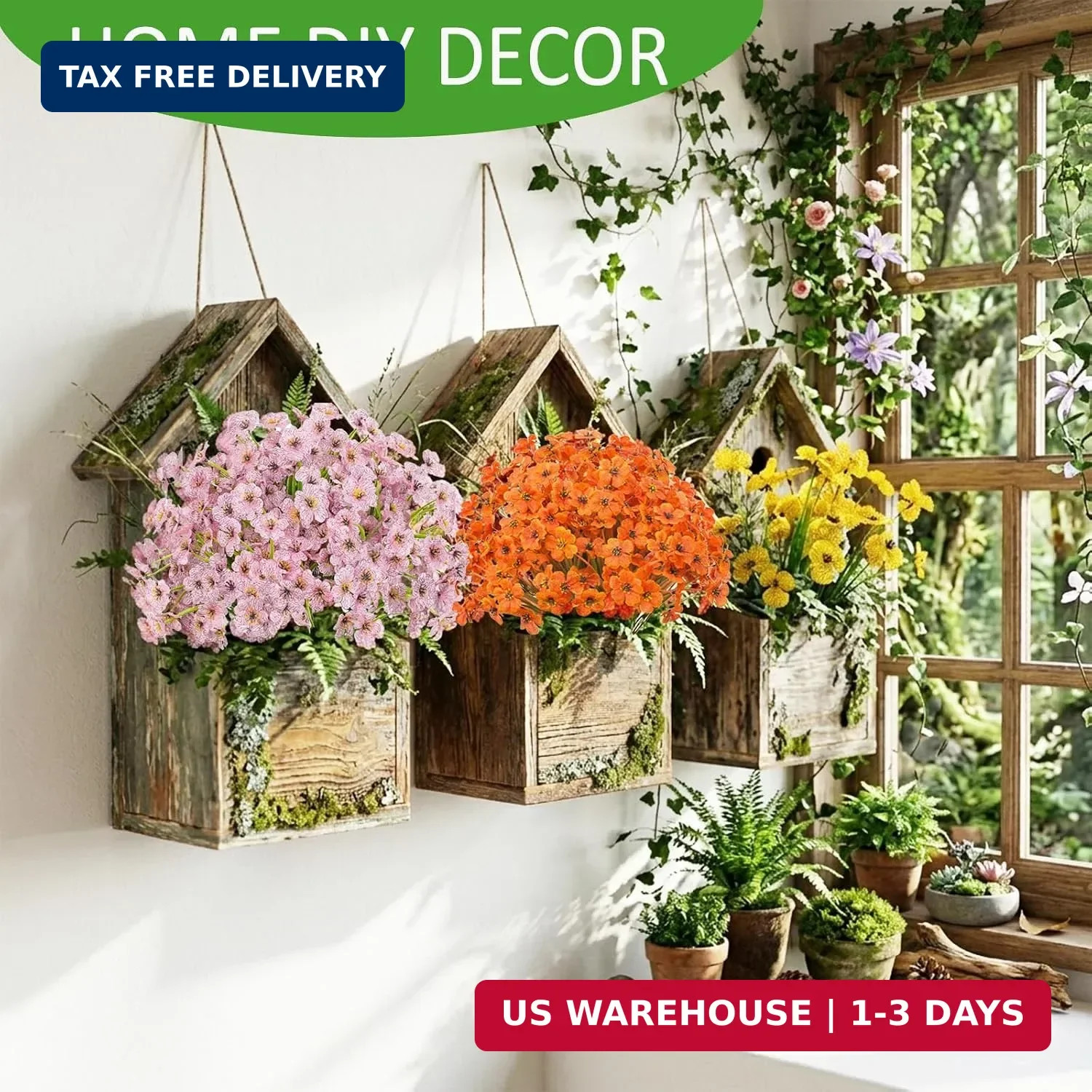 24 Bundles Artificial Flowers for Outdoors, UV Resistant Fake Flowers Faux Plant