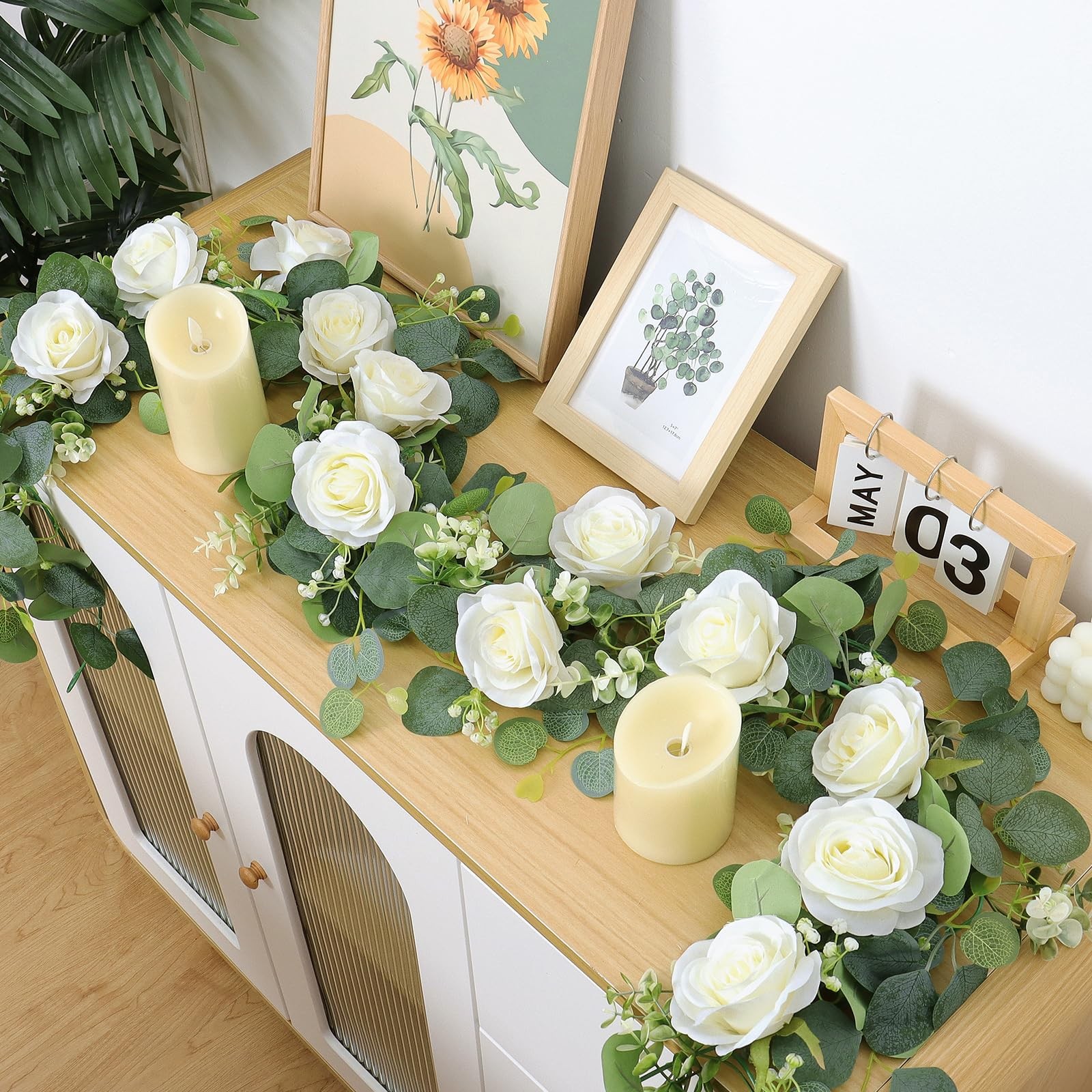 2Pcs(13 Ft) Artificial Eucalyptus Flower Garland with White Rose Flowers,Faux…