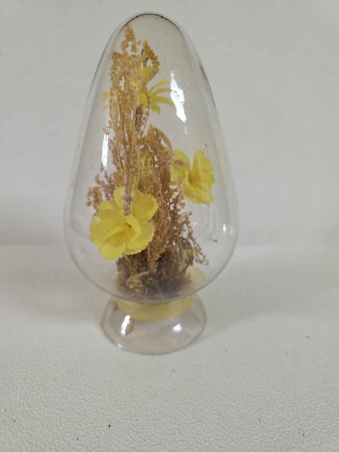 Vintage Clear Glass Dome Egg Cloche with Dried & Silk Flowers Yellow Bow