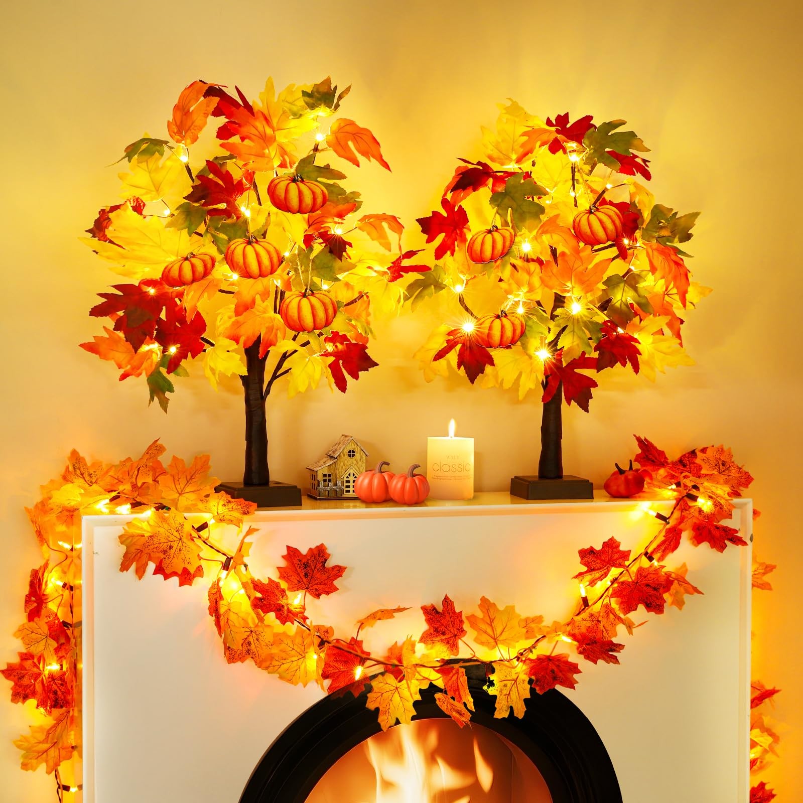 Fall Decor 2 Pack 24 Inch Lighted Fall Maple Tree Fall Decorations for Home,T…