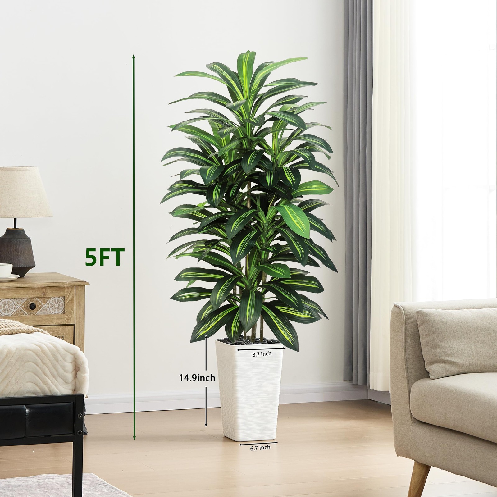 Artificial Dracaena Tree Indoor, 5FT Tall Fake Floor Plants with White Plante…