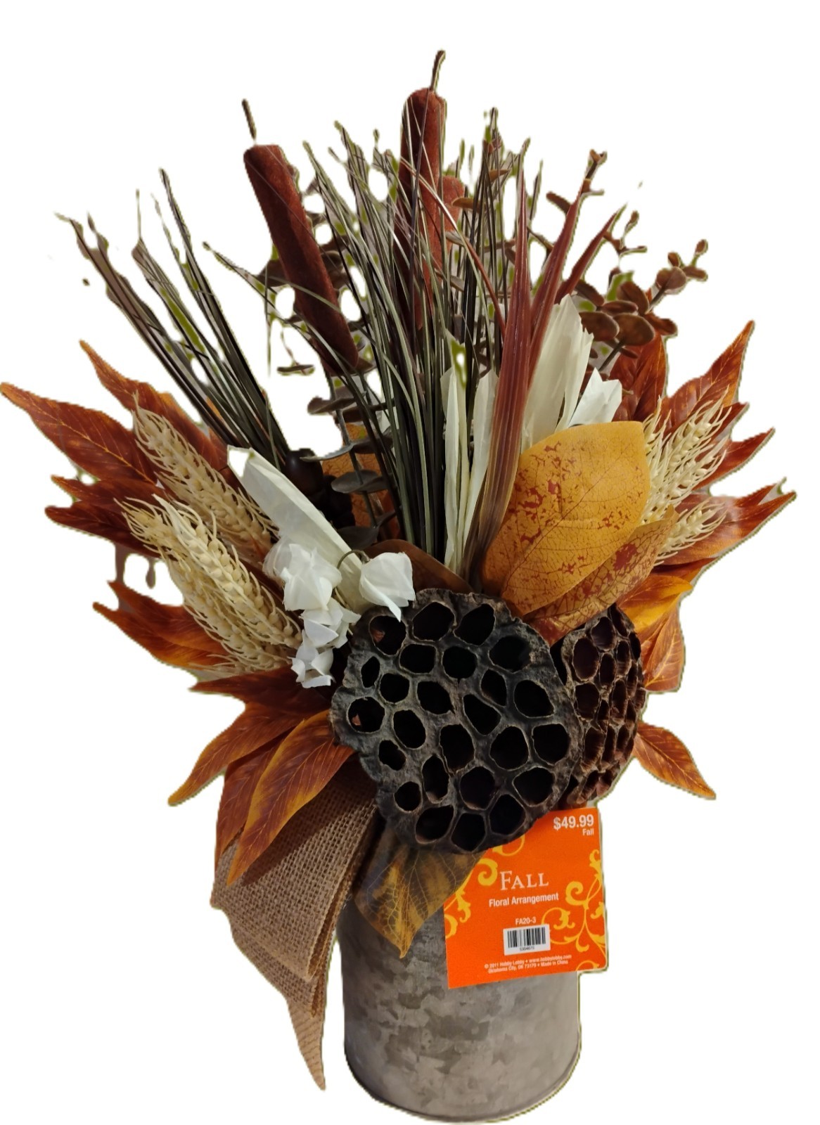 NWT Autumn Fall Floral Arrangement-Cattails & Lotus Pods-Silver Milk Can-18.75″T