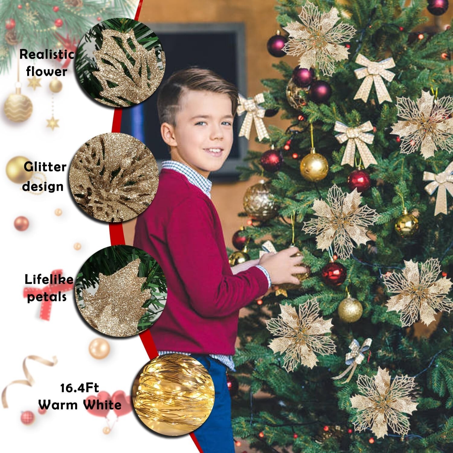 Artificial Christmas Flowers Glitter.. Champagne 24pcs
