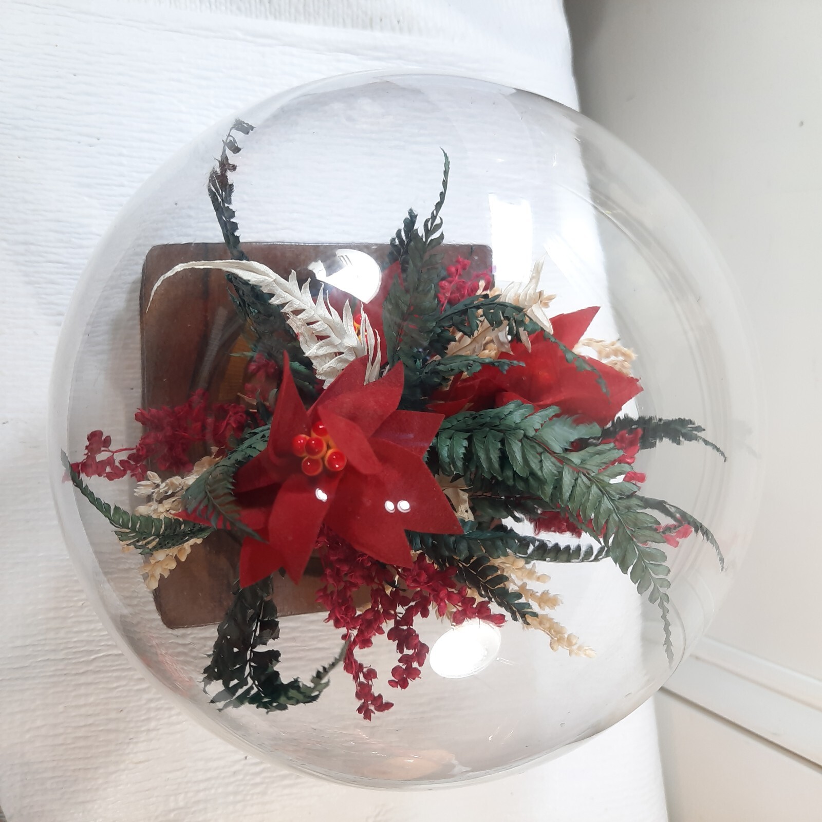 Vintage Floral glass globe terrarium wood base red poinsettia flower centerpiece