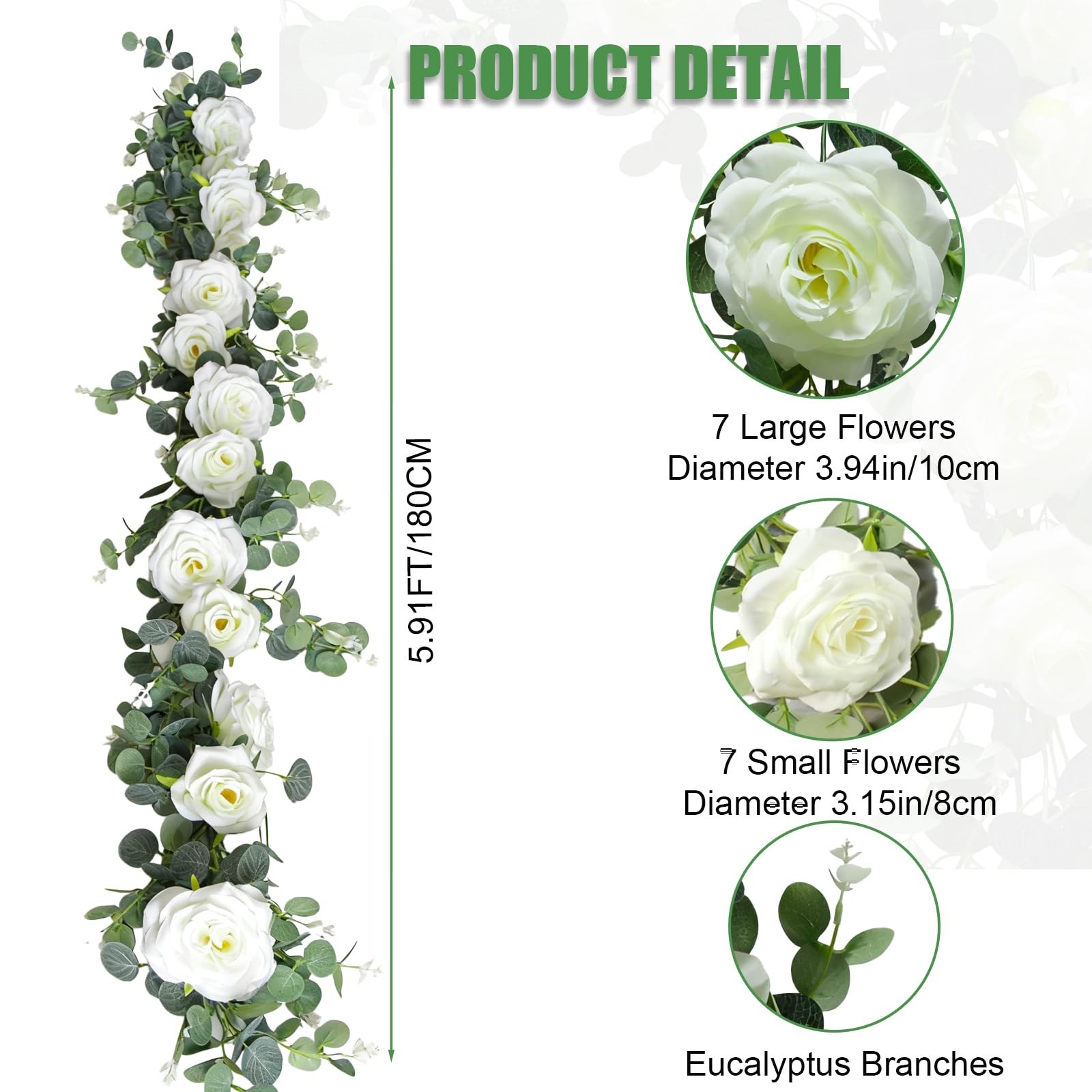 6FT Artificial Eucalyptus Garland with 14 Fake White Rose Flowers – Floral Gr…