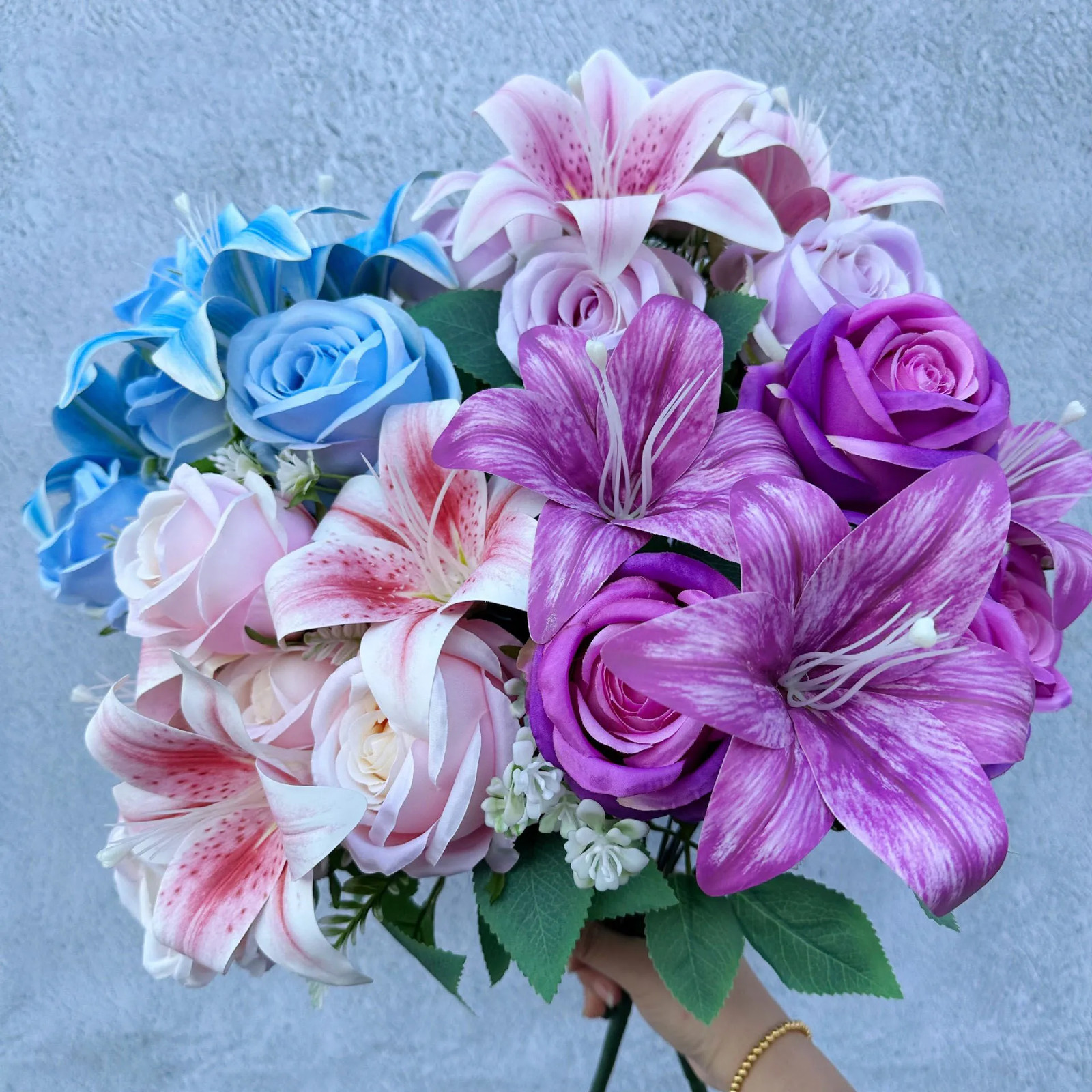 Spring Color Bouquet: 9-Stem Mixed Roses & Lilies with Roses – Fresh Cut