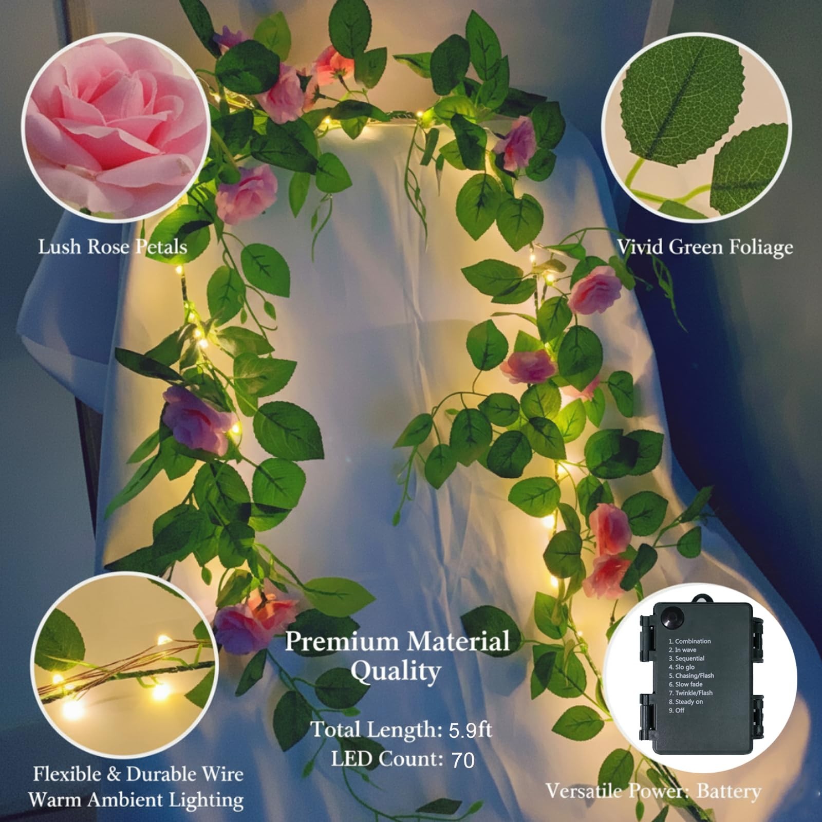 5.9ft Artificial Rose Flower Garland with 70 LED String Lights
