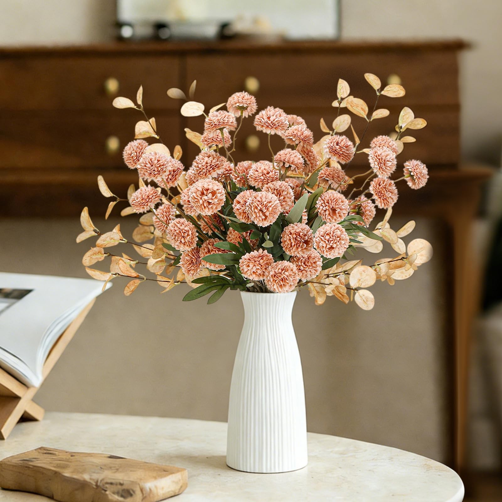 Beige Faux Silk Pompon Mums Artificial Flowers – 12 Pcs Fake Kiku Flowers Bul…