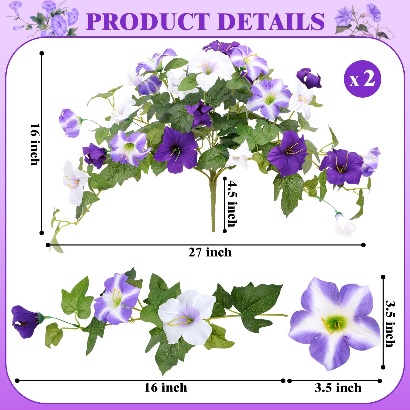 Artificial Flowers for Outdoors, 2 PCS Purple Morning Glory UV Resistant