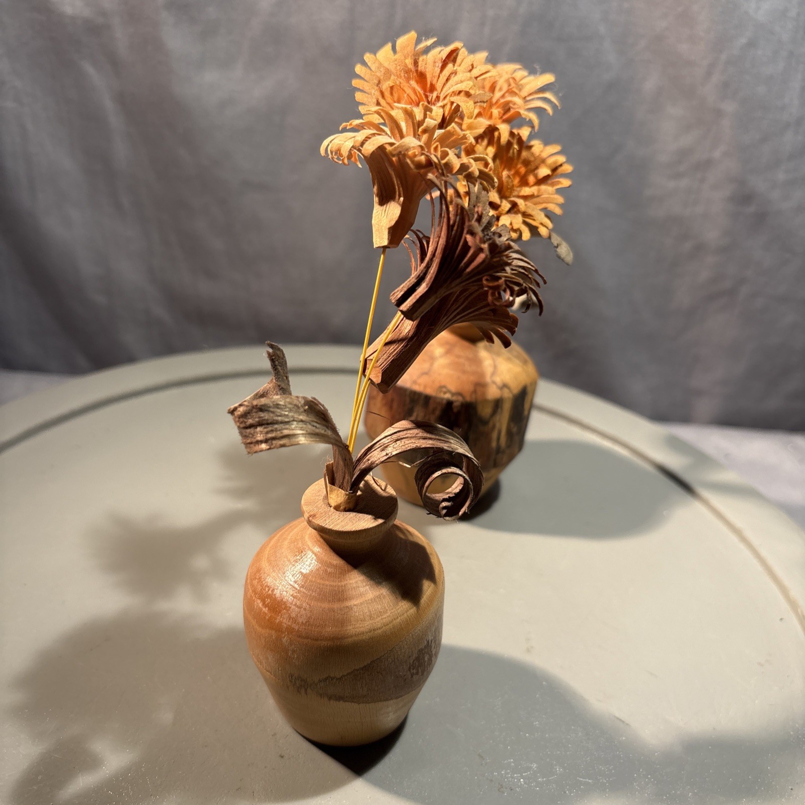 Set Of 2 ~ Wood Shaving Artificial Flowers in wood vase 6″ H Brown Orange Beige