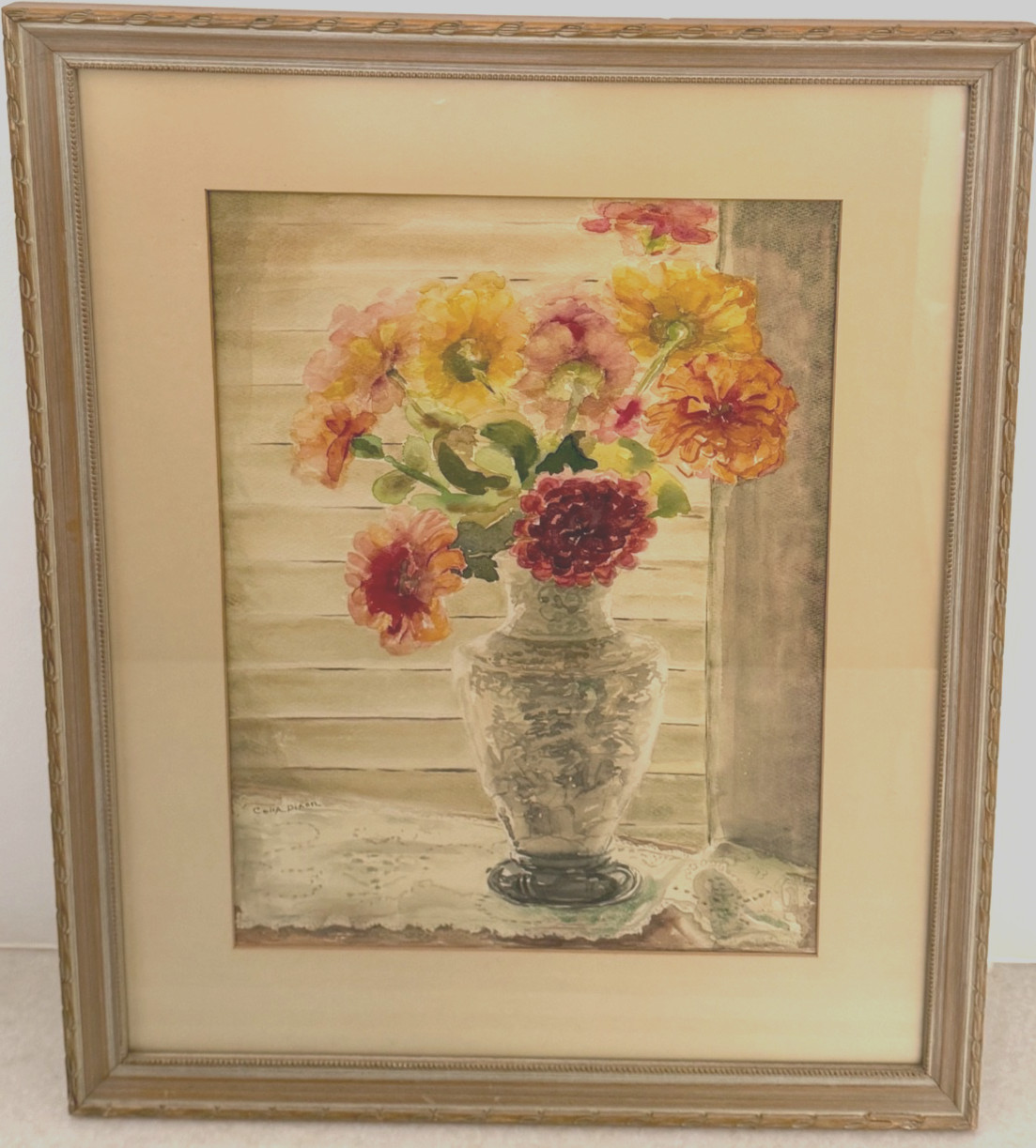 Vintage Watercolor Painting Signed Celia Dixon Flowers Framed Matted