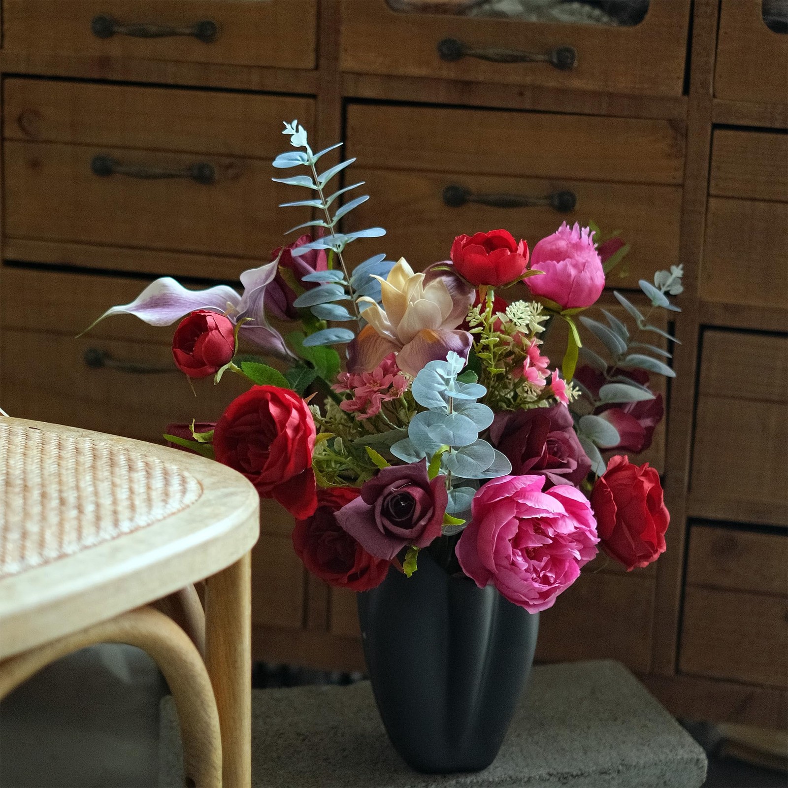 Red Pink Mixed Artificial Rose Peony Real Touch Bouquet Lifelike Floral Decor