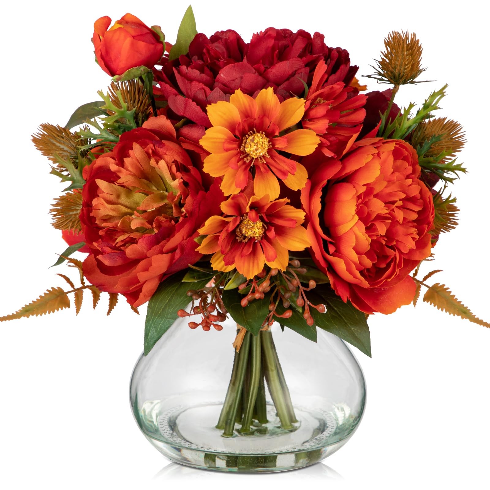 Orange Fake Peony Silk Flowers In Vase Fall Table Centerpiece Faux Floral