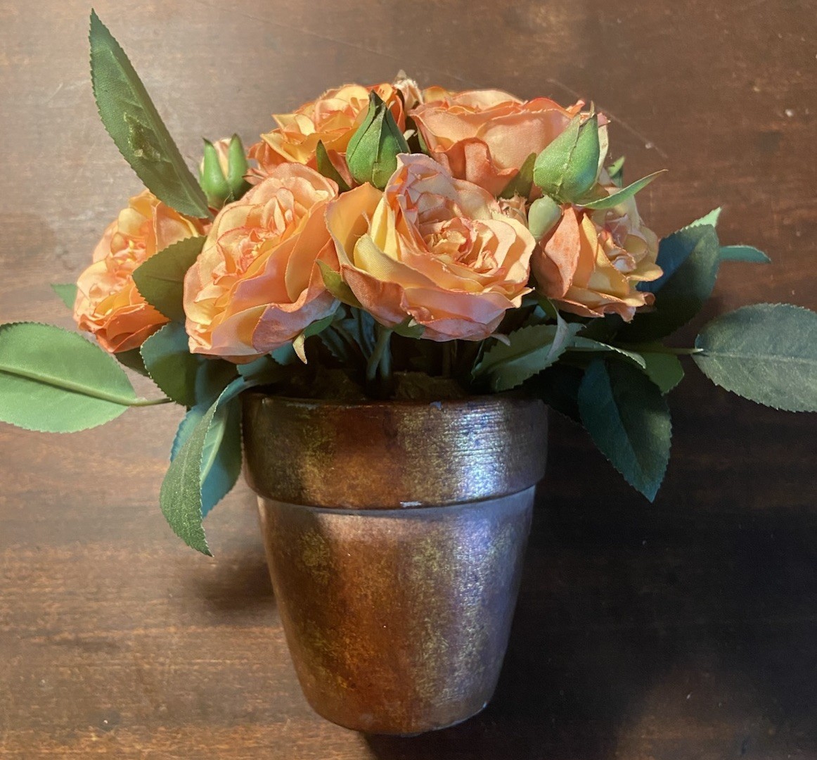 Faux Orange Rose Silk Floral Centerpiece 7 Inches Tall