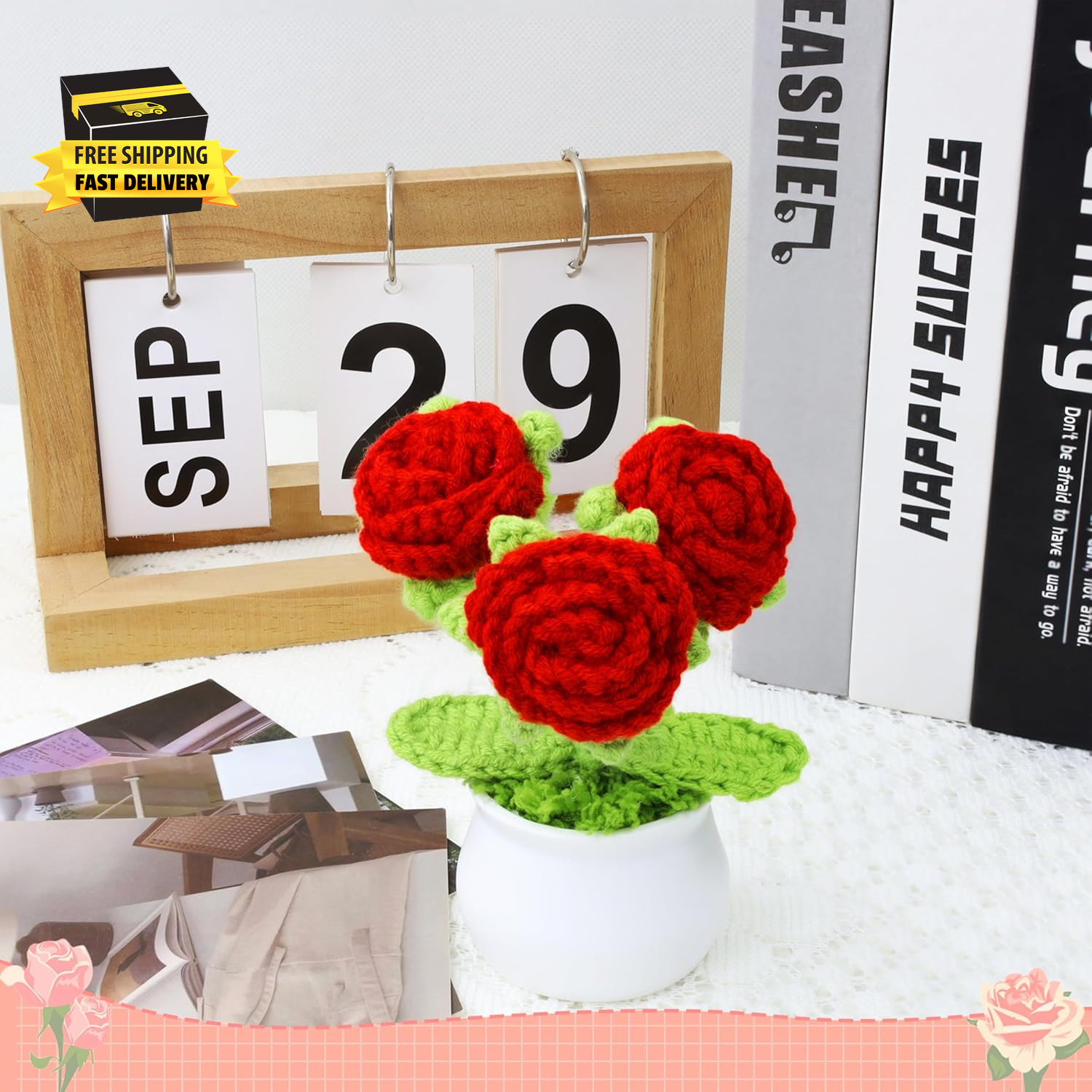 Crochet Flowers Red Roses Mini Potted, Handmade Red Rose Anniversary Appreciatio