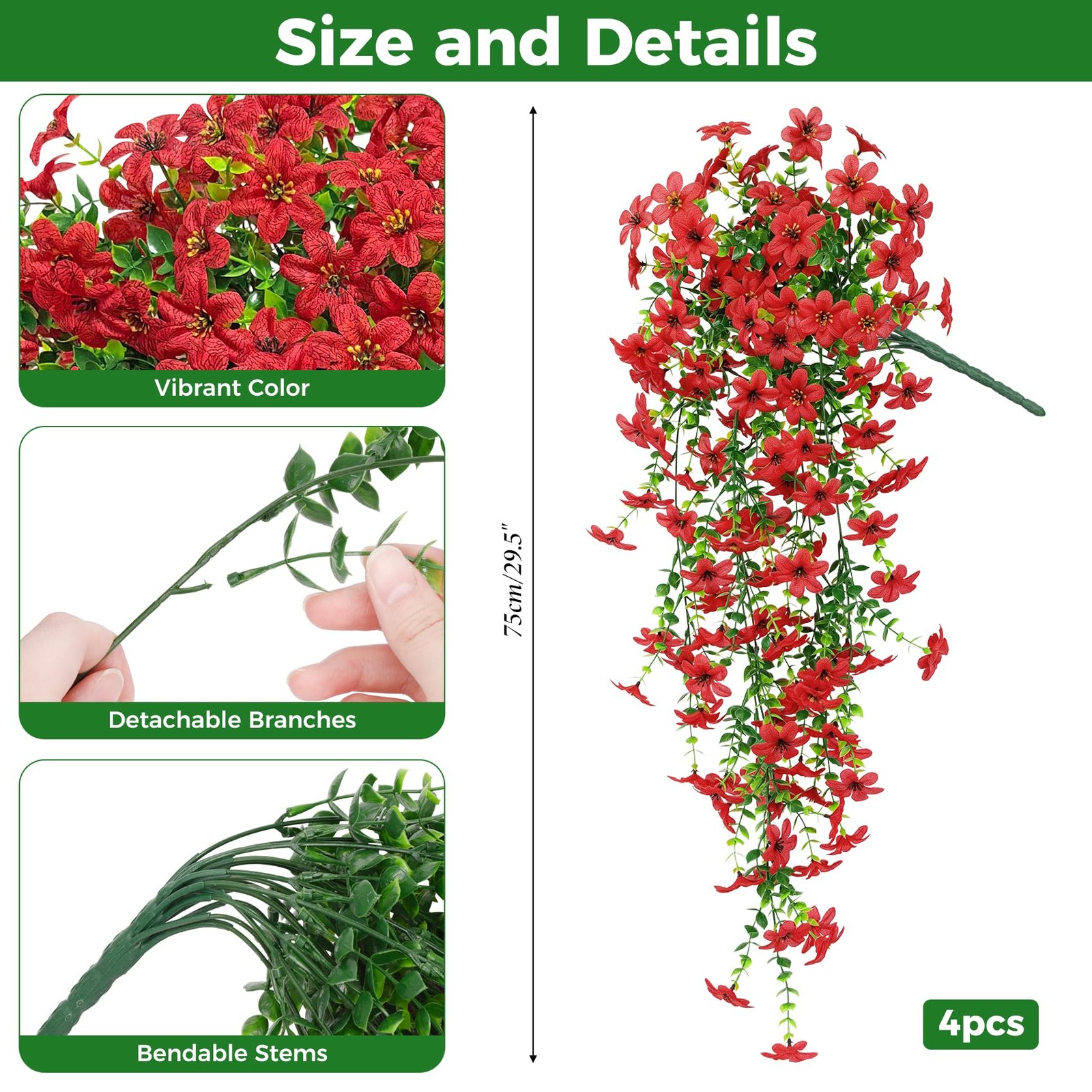 4 Pcs Artificial Hanging Flowers for Outdoors, Realistic Faux Silk Flowers UV…