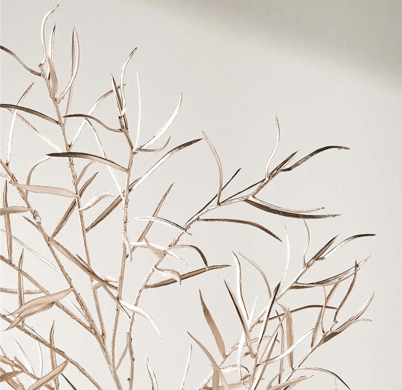 CB2 Modern 36” Faux White Fern & 51” Champagne Gold Willow Leaf Holiday Florals