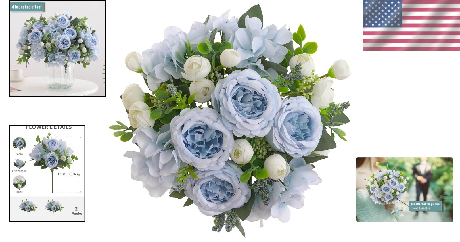 Beautiful 2-Bundle Silk Blue Peonies & Hydrangeas – Versatile Table Centerpieces