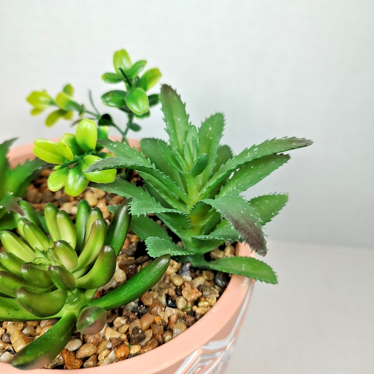 Modern Coastal Geometric Tribal Pattern Planter Pot w/ Faux Succulent Mix Peach