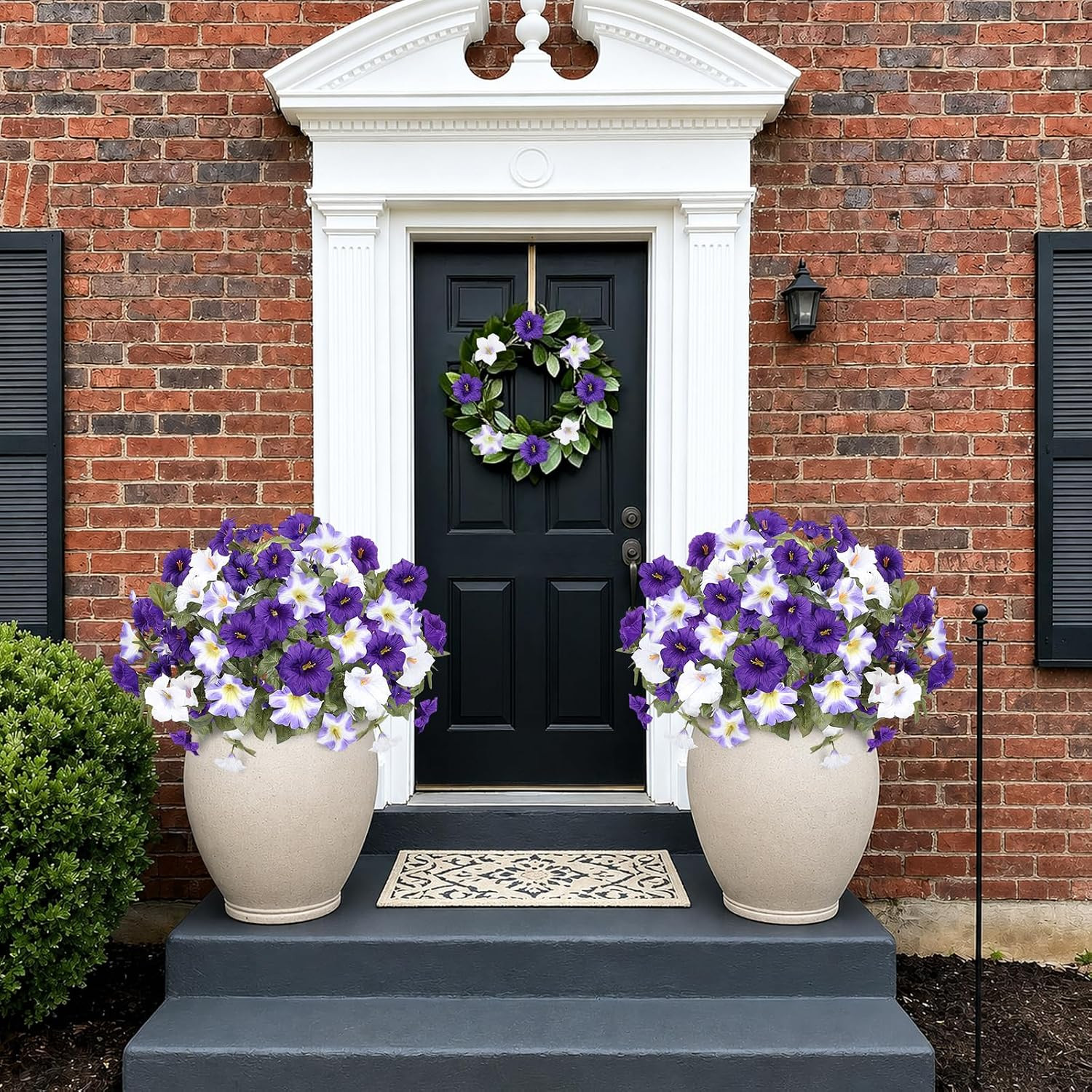 UV Resistant Large Faux Petunias – 8 Bundles for Outdoor Decor (Purple-White)