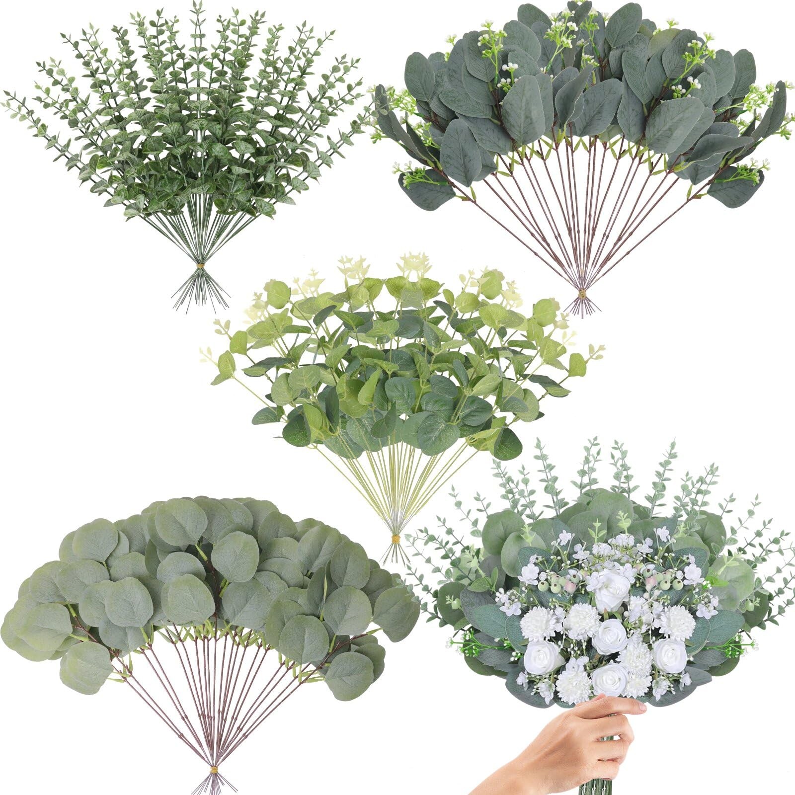 100 Pcs 4 Kinds Mixed Eucalyptus Stems Bulk, Artificial Silver Dollar Eucalyp…