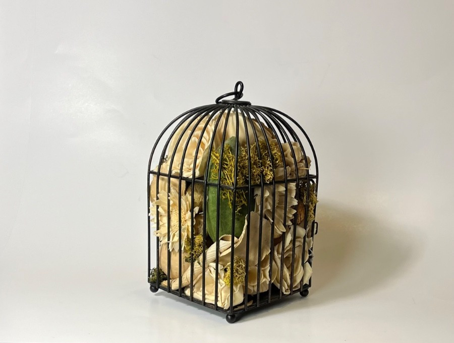 Wrought Black Rim Wire Hanging Dried Beige Floral Flower Arrangements BIRD CAGE