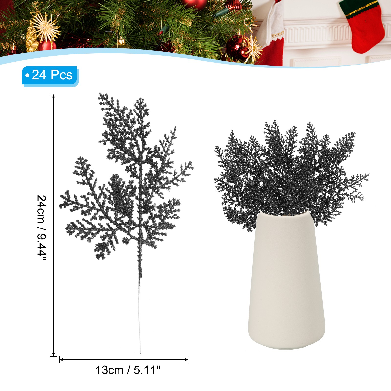 24 Pcs Glitter Artificial Pine Needles, Glitter Pine Stems Black