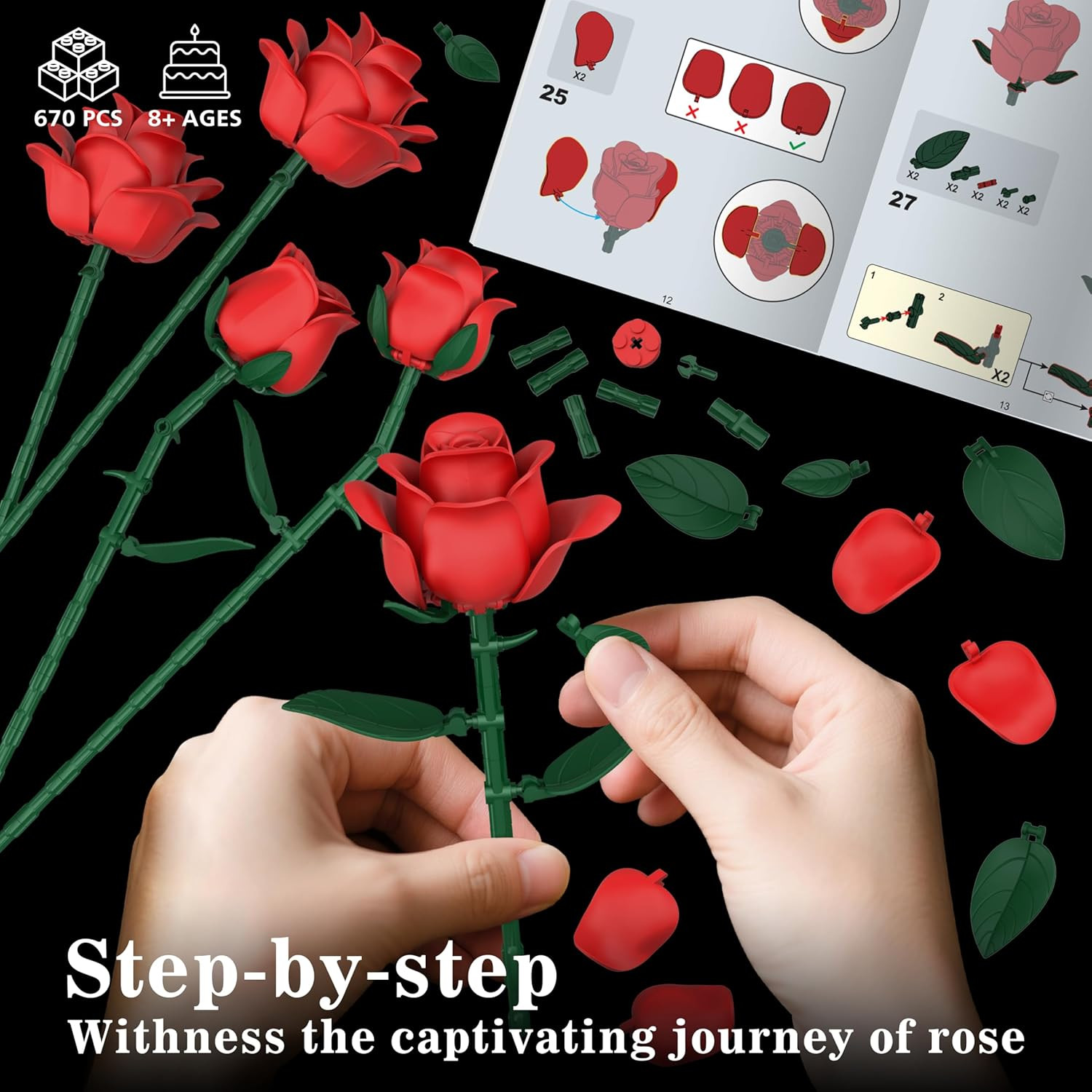 Red Roses Flower Bouquet Building Sets, 670Pcs Artificial Flowers Building Block