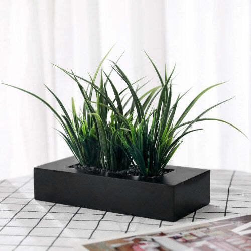 Artificial Green Grass Plants in Black Wood Rectangular Planter Pot