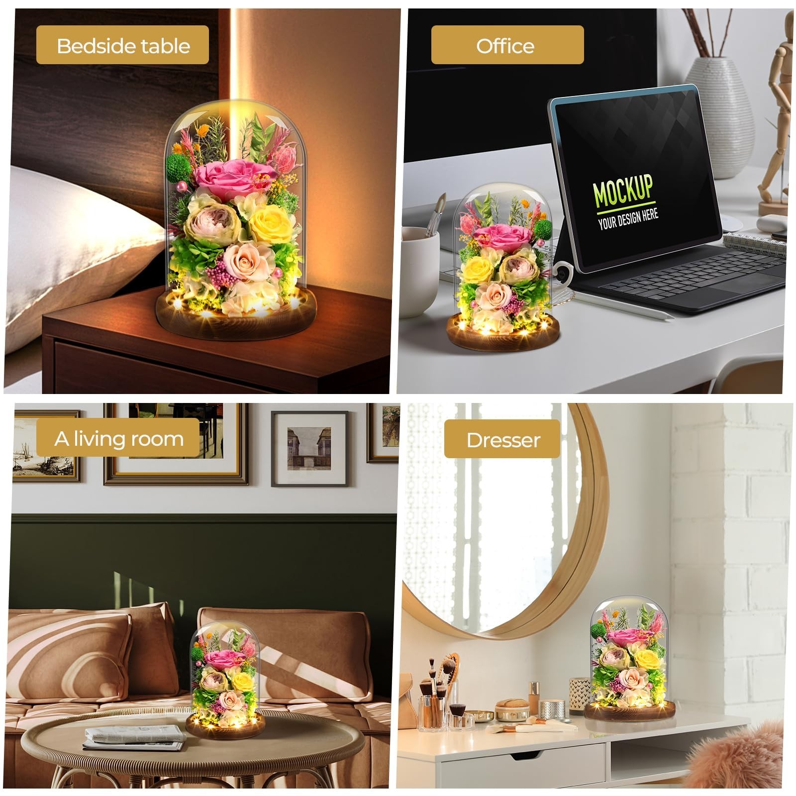 Preserved Yellow & Pink Roses in Glass Dome with LED Light – Lasting Gifts for W