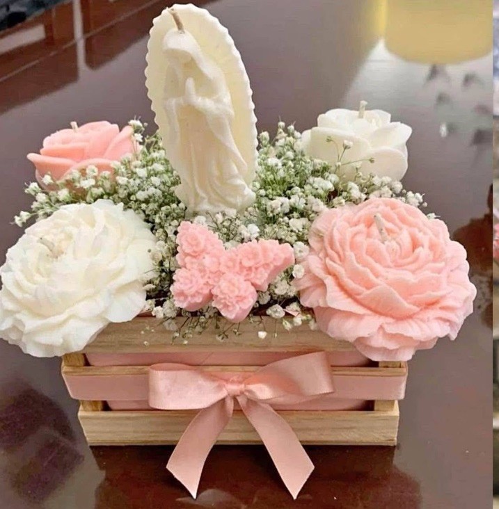Floral Flower Box Arrangement, Pink/White/Green in Wooden Crate