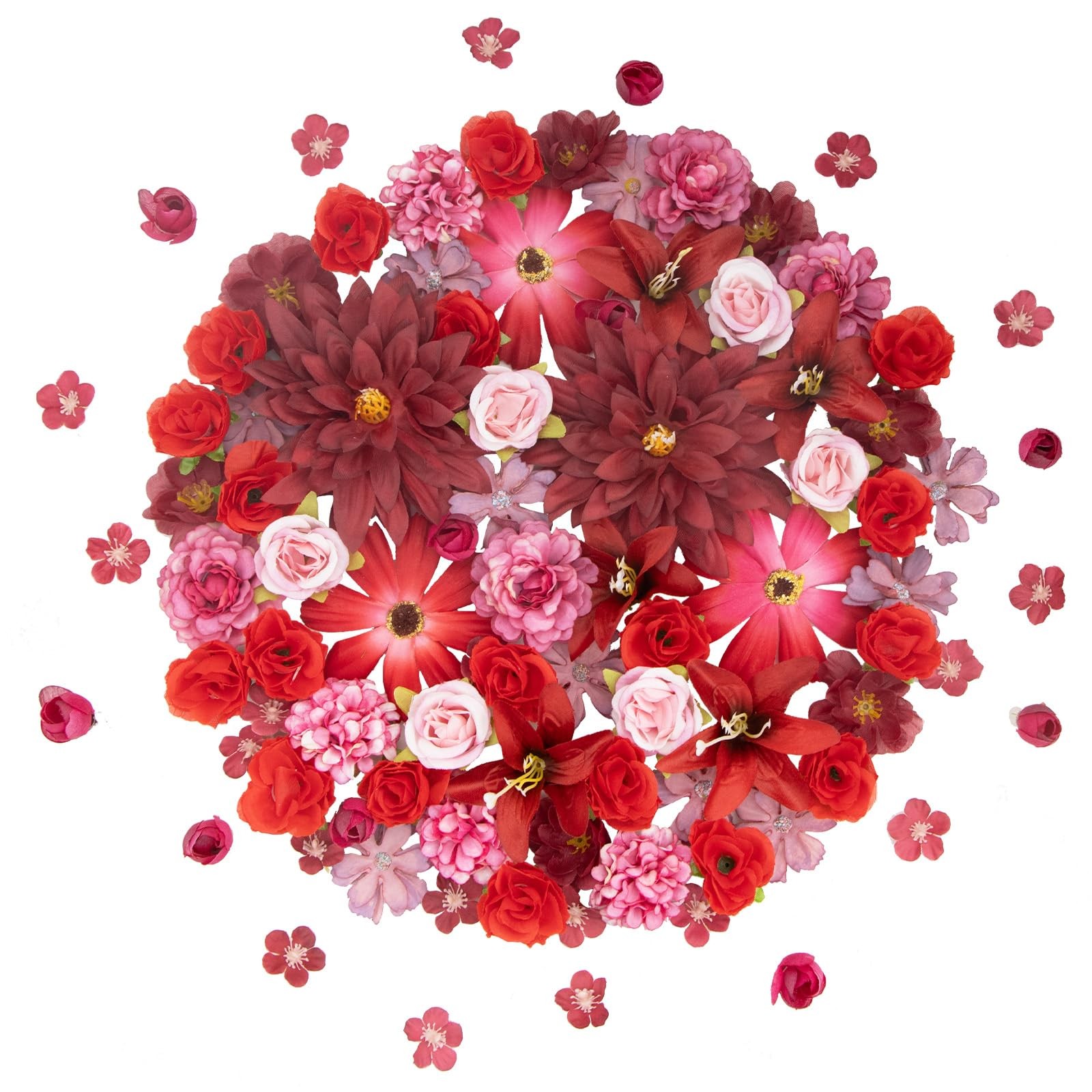 Artificial Flowers Heads for Craft, 98 Pcs Mix Red Silk Faux Flower Combo wit…