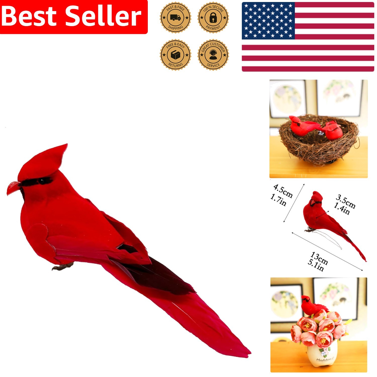 Artificial Bird Red Cardinal Realistic Feathered Figurine Home Decor Craft Pr…